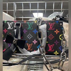 Cute fashion Black Multicolor Monogram Mini Pochette with Silver Chain